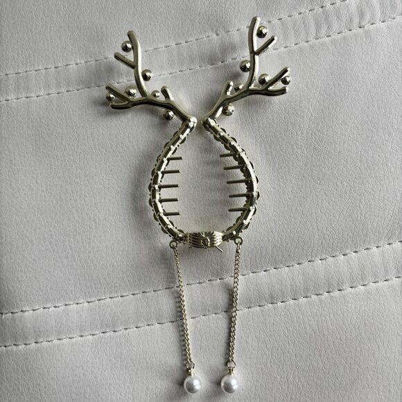 Reindeer Antler Holiday Hair Clip White Rhinestone Pearl Ponytail Bun Holder - Picture 4 of 4